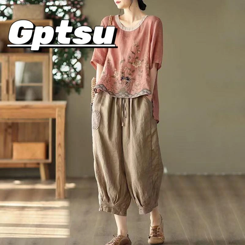 GPTSu洋气妈妈套装女夏季大码文艺宽松遮肚上衣哈伦八分裤两件套