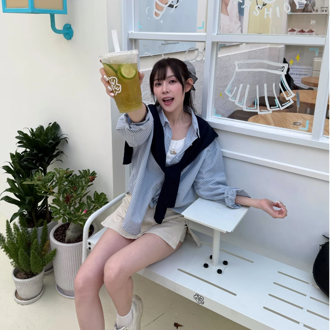 减龄甜美POLO领长袖格纹衬衫#221