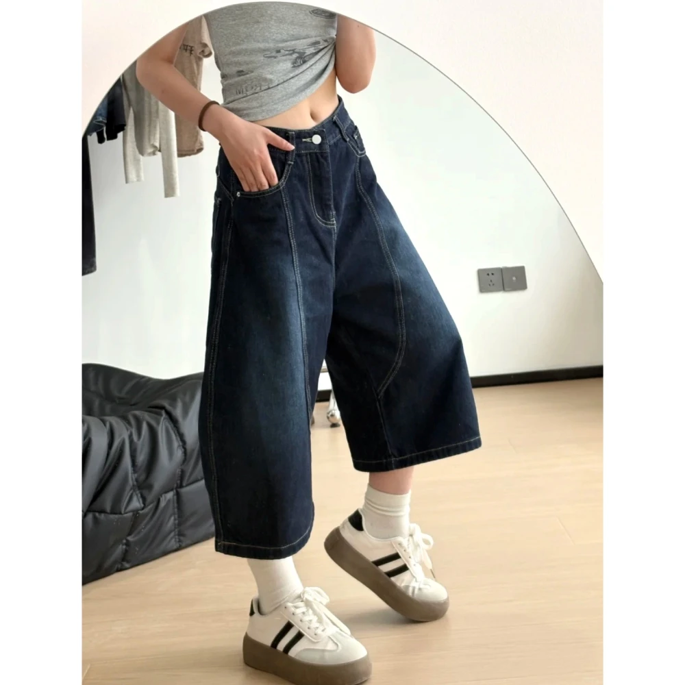 复古设计感百搭深蓝色弯刀裤女2025夏季遮跨显瘦七分阔腿直筒裤子