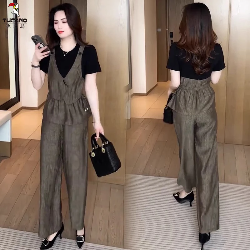 啄木鸟洋气套装女2025夏新款减龄显瘦假两件短减龄显瘦阔腿裤套装