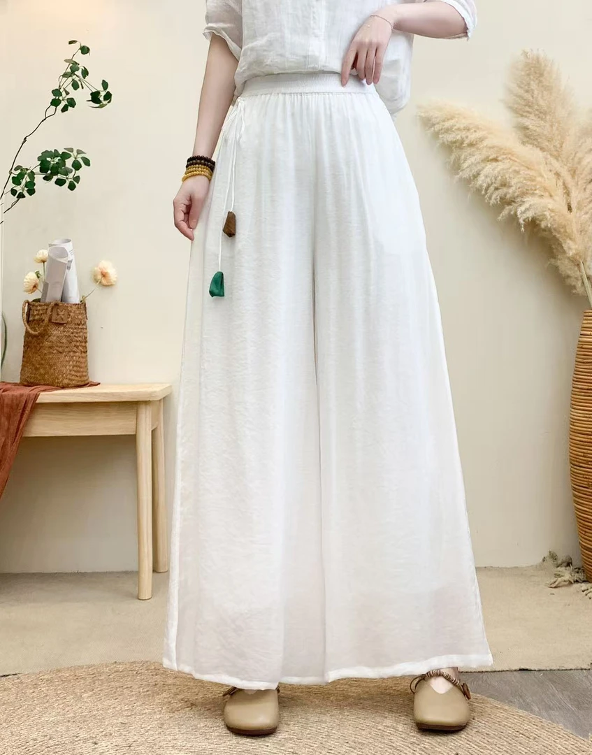 【青柠】谷雨 宽松双层轻薄阔腿裤新中式禅意飘逸松紧腰休闲中国风