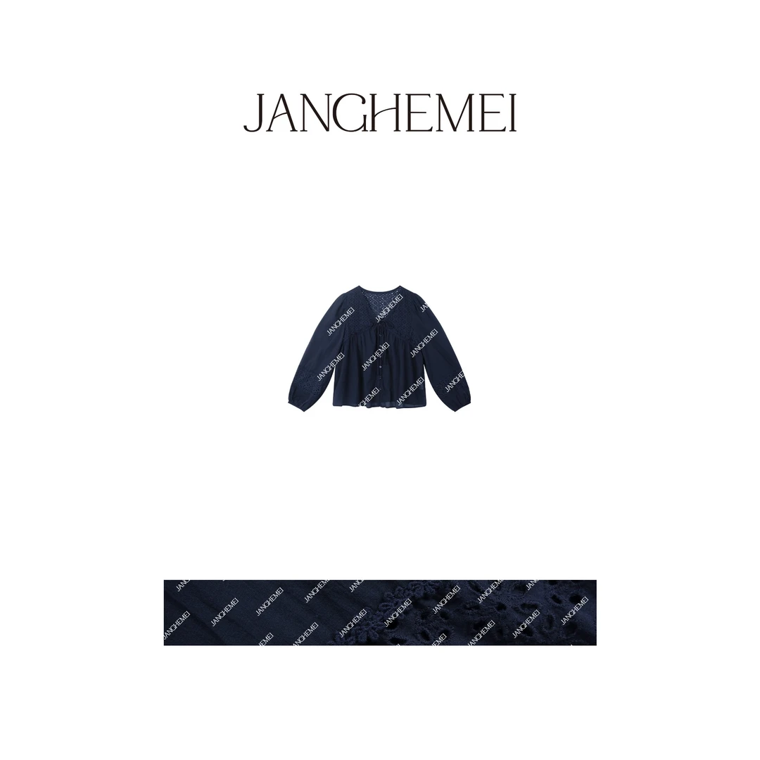 JANGHEMEI【V领镂空系带衬衫】100%棉设计感百搭上衣 C21000M42