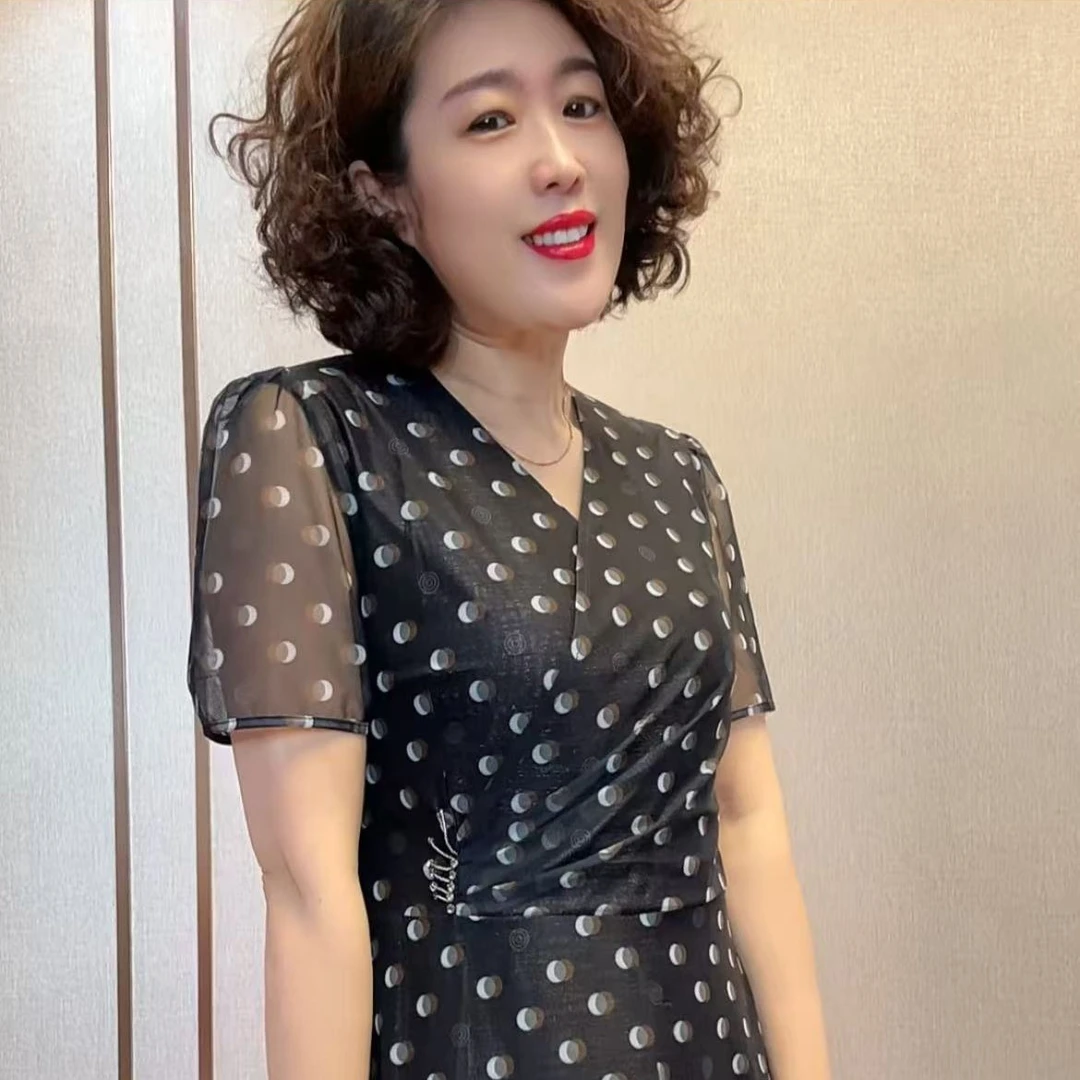 夏季短袖V领时尚高端大气优雅修身显瘦黑色波点长款连衣裙