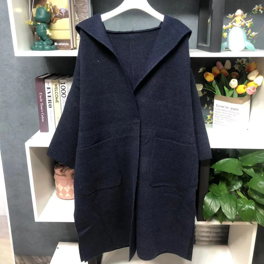 B0060【新款】时尚深蓝色连帽口袋百搭毛衣