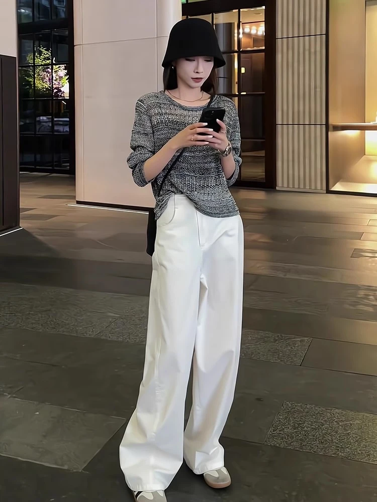 2025春夏新款时尚减龄套装女欧货灰色镂空针织衫白色阔腿裤两件套