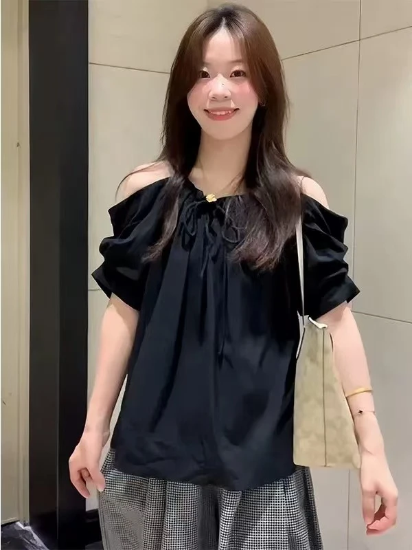 法式独特绝美黑色露肩上衣女夏季宽松显瘦百搭短袖T恤JY8853