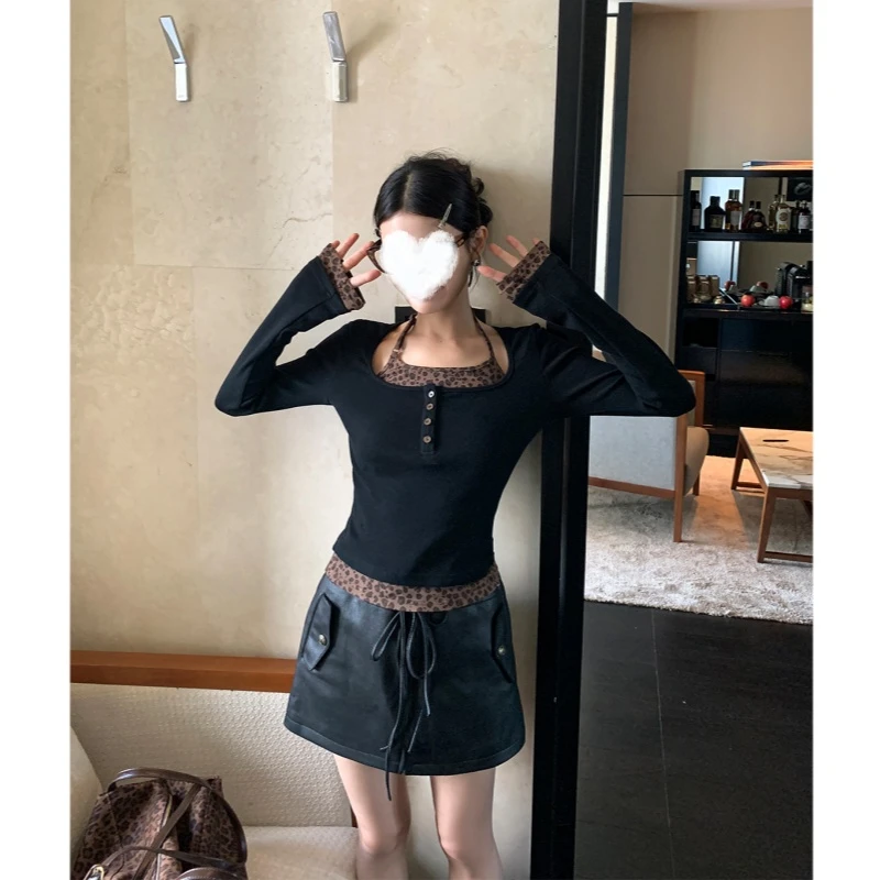 YIDENG美式复古甜辣风豹纹拼接假两件挂脖长袖打底上衣T恤