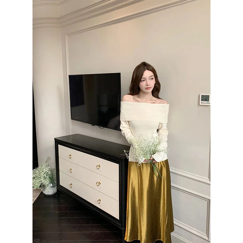 2025秋冬氛围感穿搭时尚洋气小众针织一字肩长袖上衣高腰半身裙女