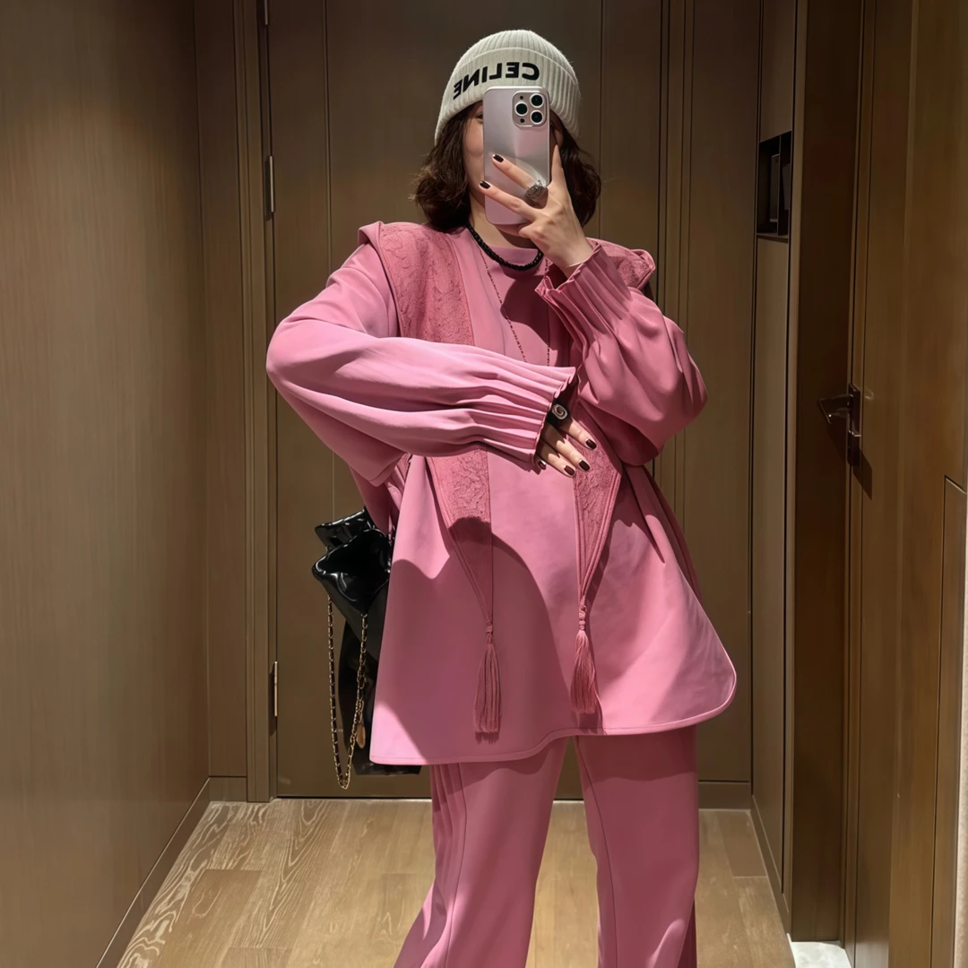 设计感连帽披肩套装女2025秋季大码胖MM减龄休闲上衣+裤子两件套