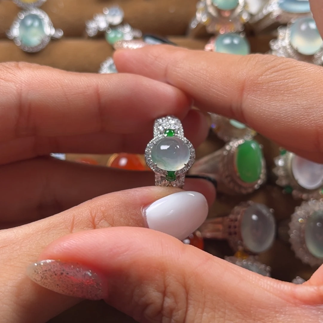 翡翠戒指银S925镶嵌缅甸翡翠天然翡翠