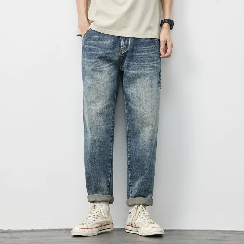 【赤原】美式街头水洗复古怀旧潮款微锥牛仔裤 拼接百搭