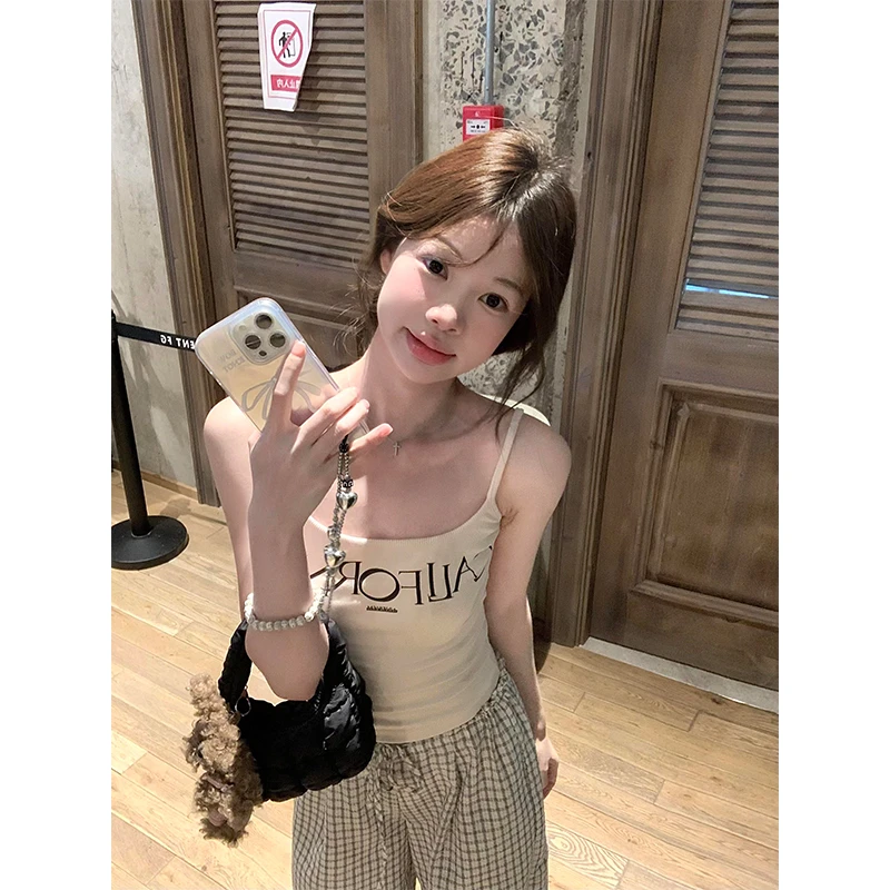 外穿吊带背心修身短款字母印花上衣复古薄款格子休闲宽松阔腿裤子