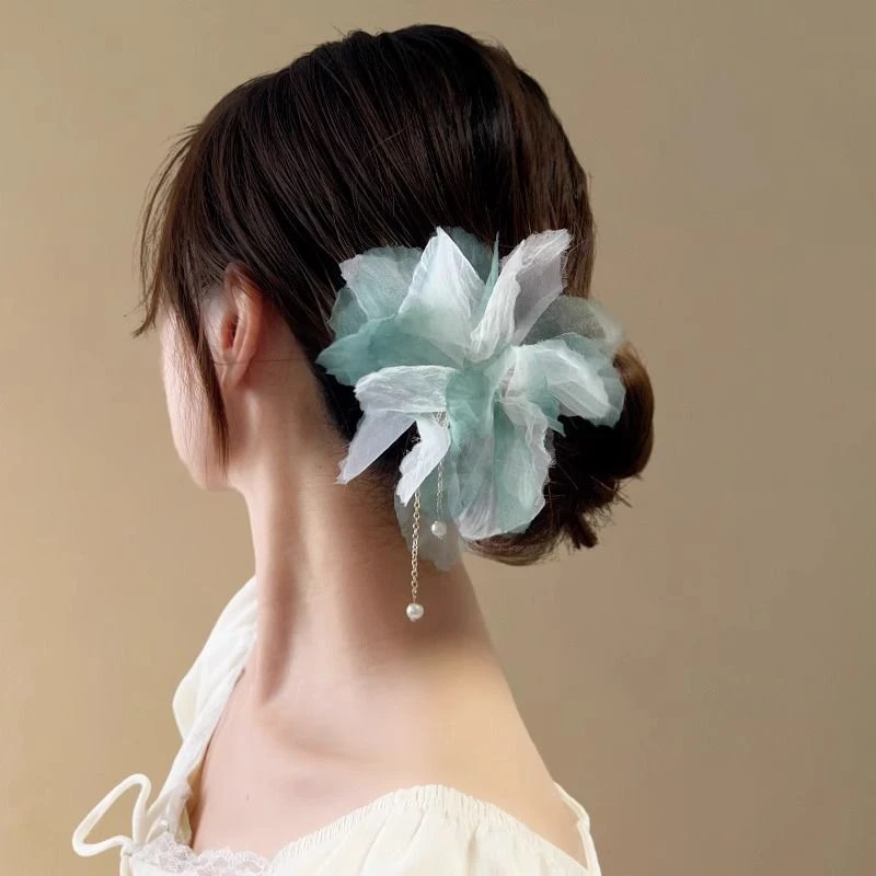 好像枯叶蝶~超仙复古雪纺花朵珍珠流苏U形发簪子气质新中式盘发钗