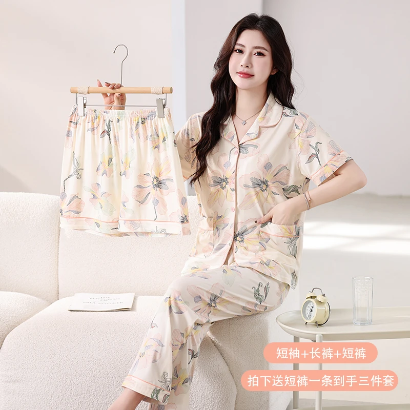 纯棉短袖三件套睡衣女士夏春季休闲宽松大码家居服可外穿短裤套装