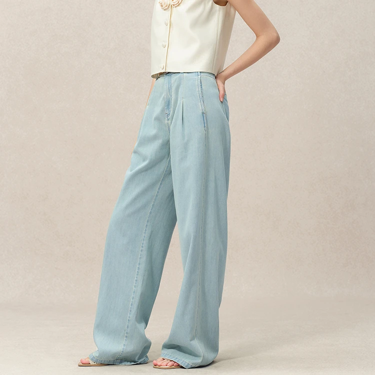 Fabrique Cindy 春夏新款浅蓝色侧缝前移阔腿休闲百搭显瘦牛仔裤