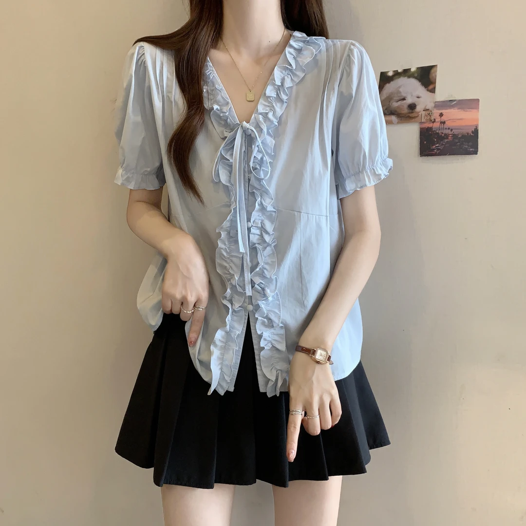 大码女装新款温柔大方轻薄千金气质衣服木耳边系带独特漂亮小衫女