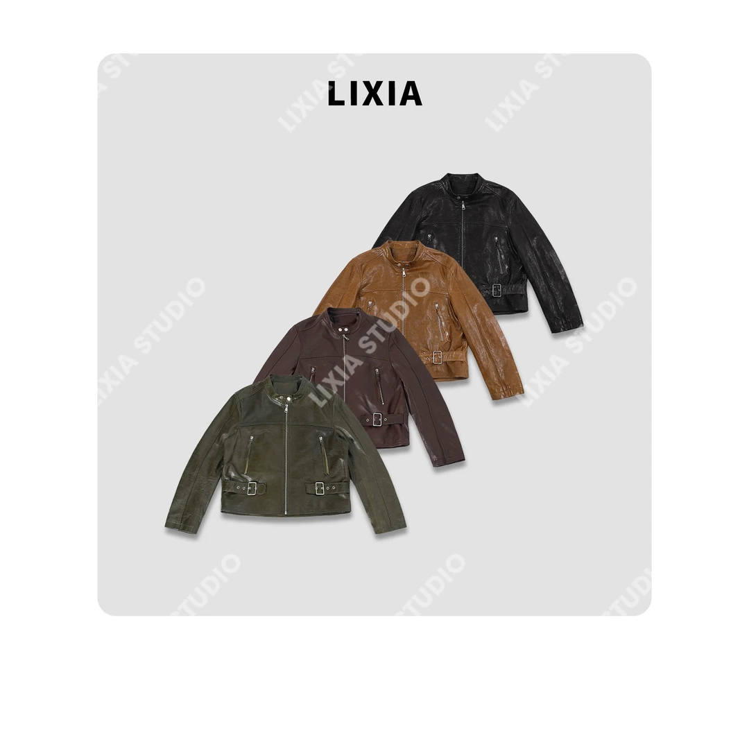 LIXIA【琥珀流光】设计师款高奢酷飒冷翡翠油蜡绵羊皮外套-D9005