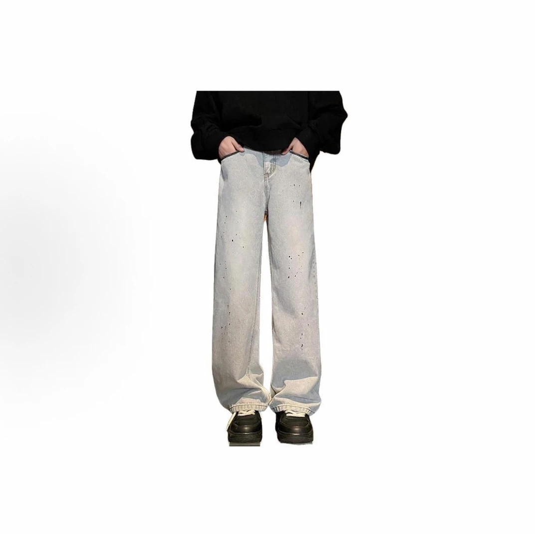 【24004】美式复古泼墨休闲直筒牛仔裤~男女同款