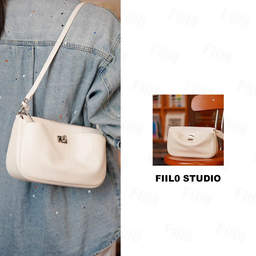 【Fiilo菲洛】A68新款头层牛皮做旧锁扣黑色极简女士单肩腋下斜挎包
