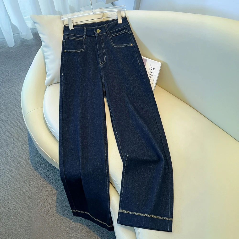 高端丹宁蓝阔腿牛仔裤女春秋季2025新款松弛感宽松显瘦窄版直筒裤
