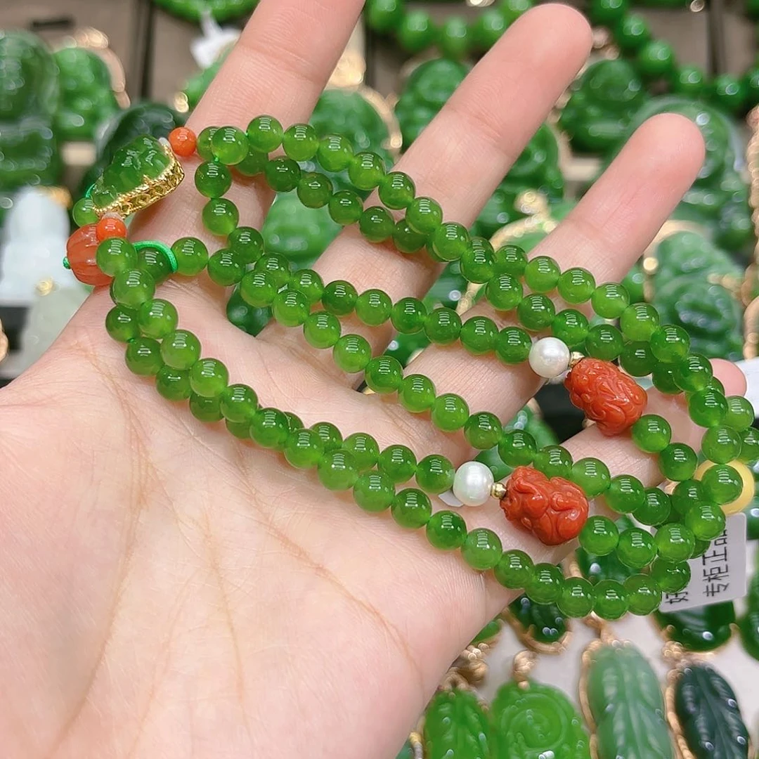 和田玉（碧玉）颈饰18K金镶嵌卡六果绿108