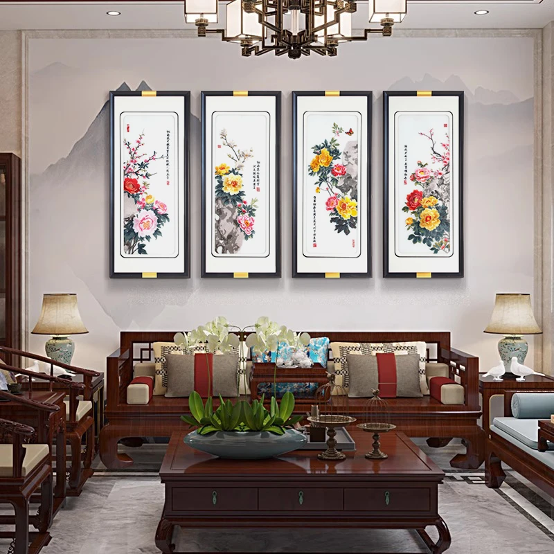 2025新款新中式客厅中堂装饰画牡丹图四联刺绣办公室餐厅壁画苏绣