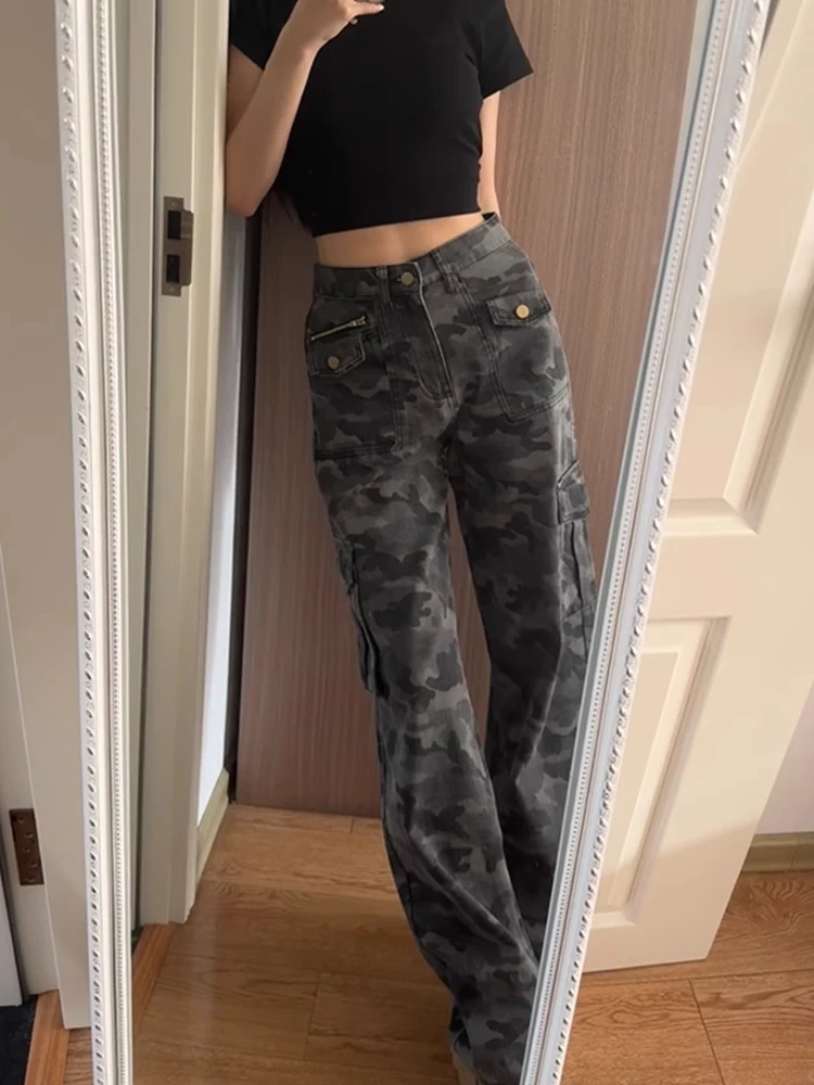 迷彩工装裤女酷飒风胖mm显瘦美式高街牛仔裤梨形身材直筒阔腿裤子