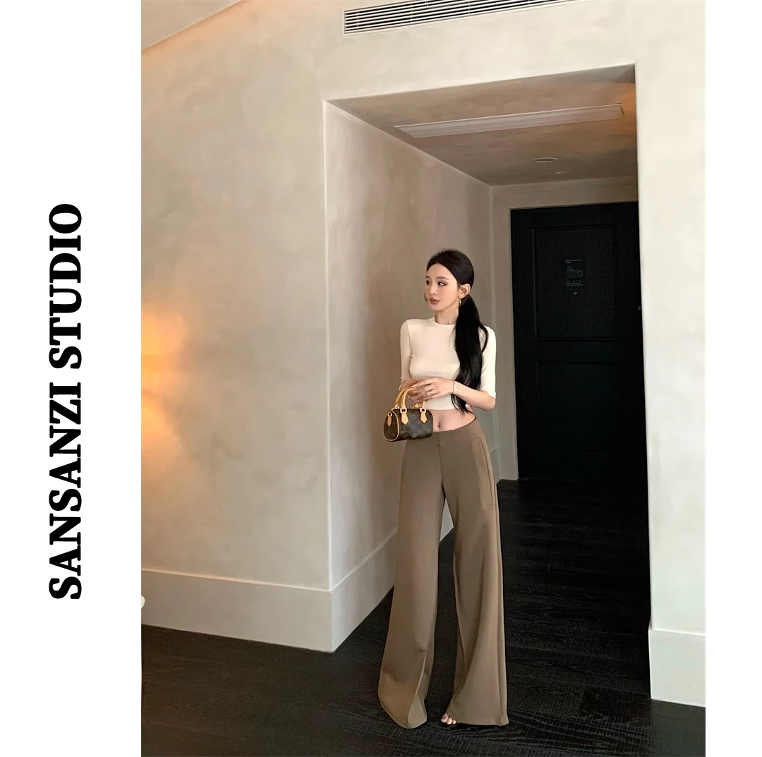 SANSANZI辣妹风套装女简约纯色圆领短袖T恤夏季垂感休闲裤两件套