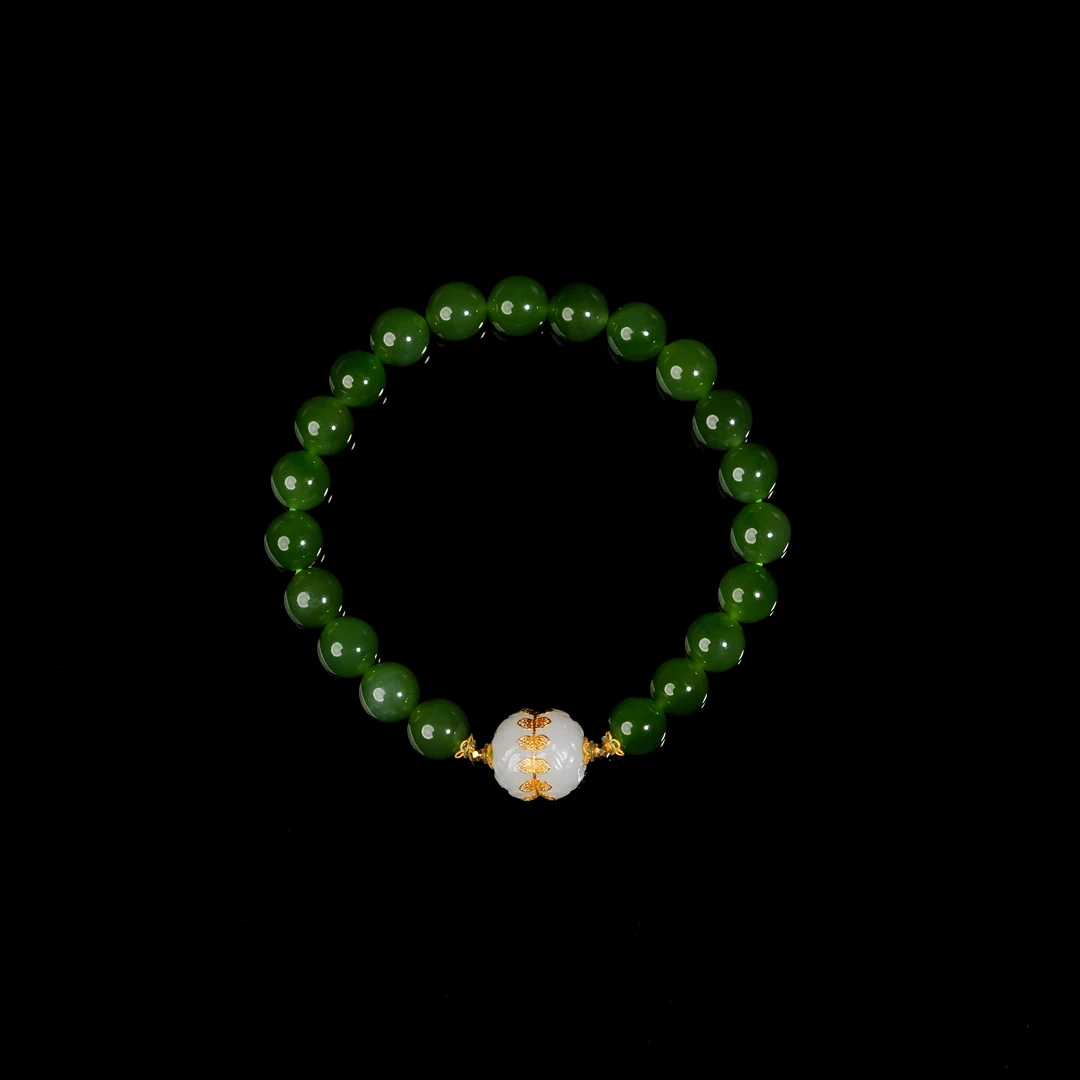 【小涵专属】18K和田玉碧玉搭白玉并蒂莲手串 多样性 7mm/10*11mm