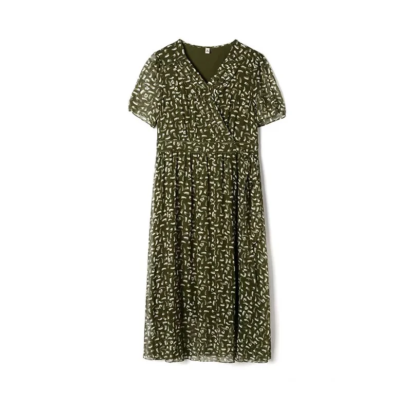 H745绿色连衣裙纯色蕾丝女士时尚气约潮拼接裙子春秋色牛仔