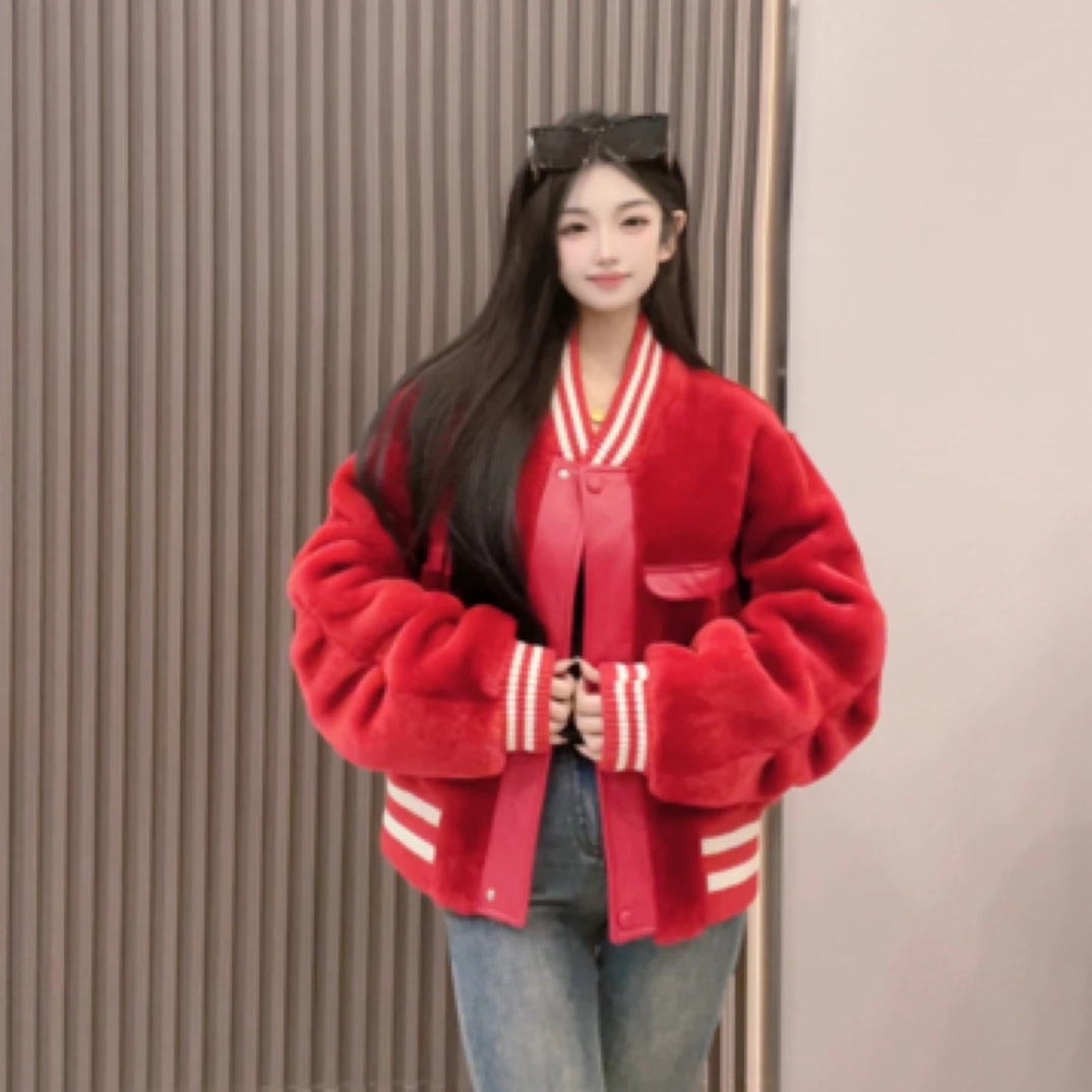 洋气款红色小棒球服皮毛一体s-389