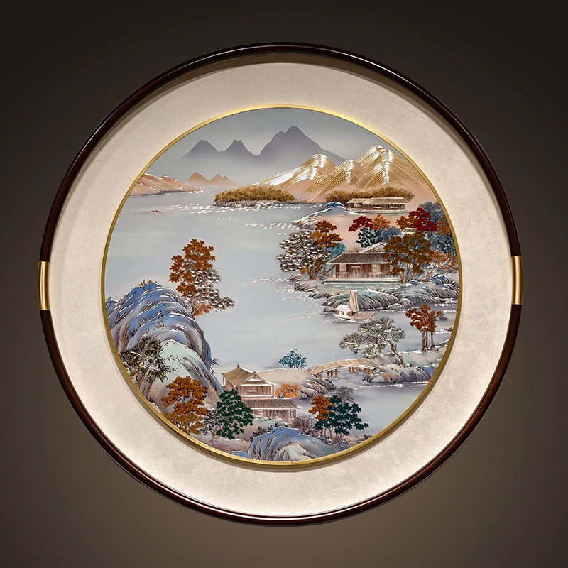 刘华铜《背靠金山》手工錾刻铜雕画玄关走廊装饰画餐厅铜挂画圆形画