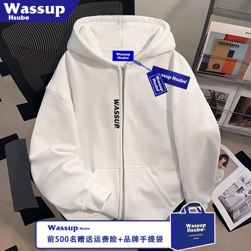 WASSUP HSUBE简约字母印花外套白色连帽拉链卫衣秋冬季男女款开衫