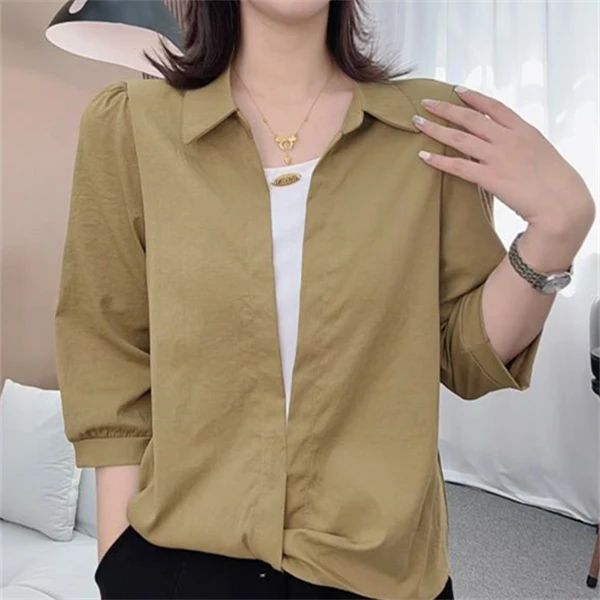 春季新款时尚拼接假两件七分袖衬衫女翻领洋气百搭女士女款上衣