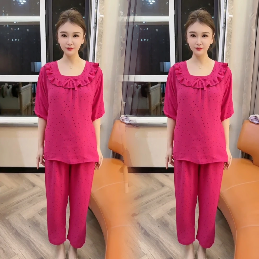 秋季新款韩版大码时尚妈妈装圆领休闲宽松睡衣套装