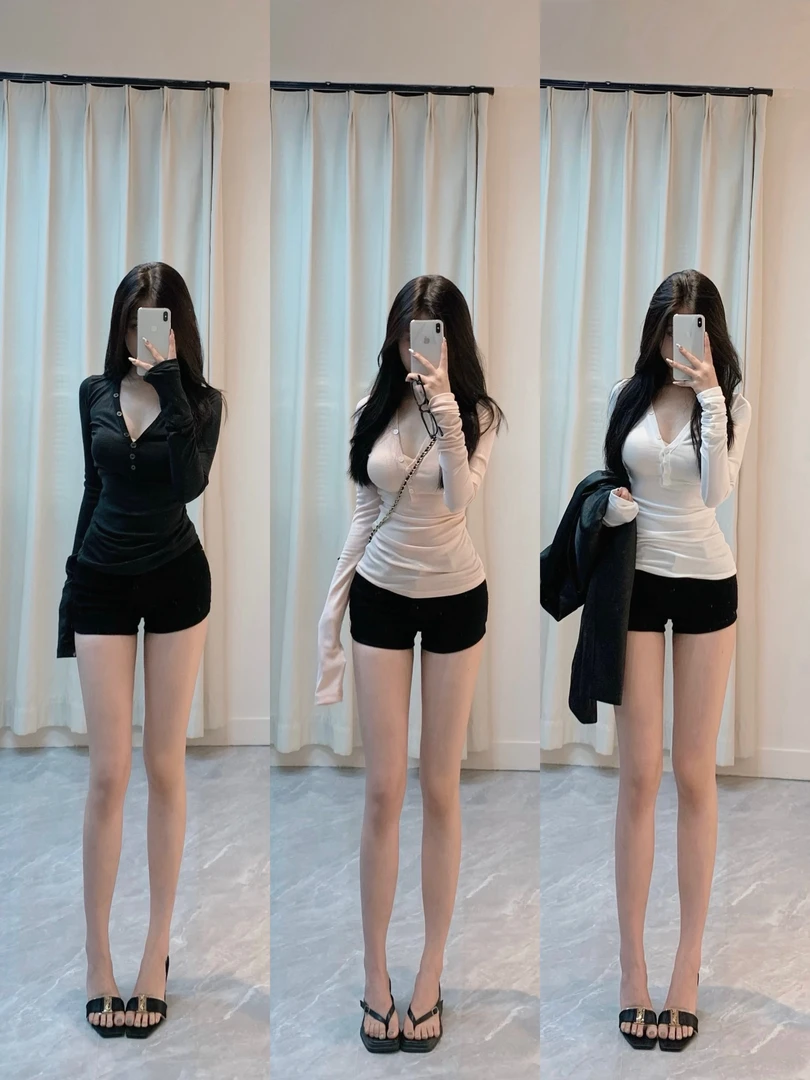 亨利衫V领纽扣纯欲正肩修身显瘦莱赛尔打底长袖上衣