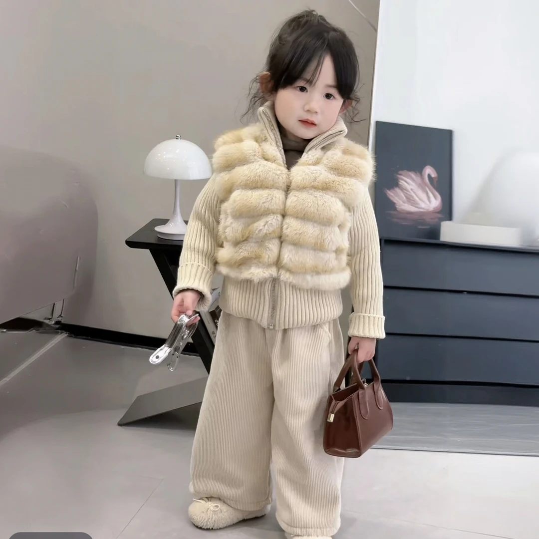 韩系女童仿皮草毛毛棉衣针织毛衣拼接假两件棉服加绒阔腿裤套装