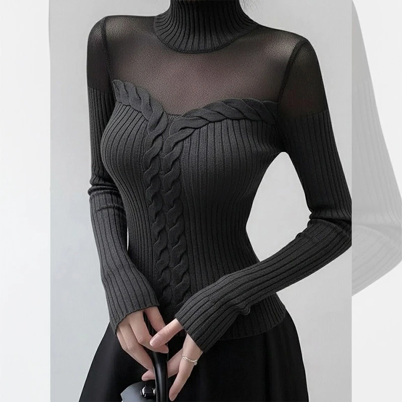 别致独特漂亮网纱假两件小衫灰色半高领针织衫女秋冬洋气高贵上衣