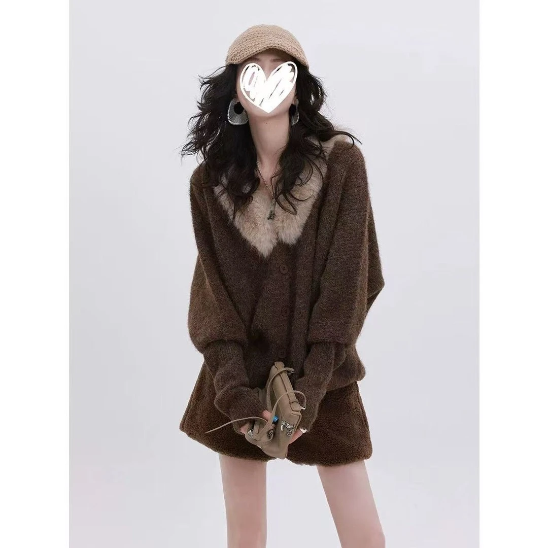 秋冬美拉德风大毛领针织开衫蝙蝠袖长袖慵懒洋气短款毛衣