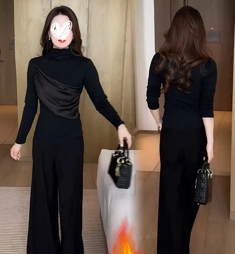 艺等洋气气质设计感拼接假两件显瘦长袖半高领针织加绒打底女上衣