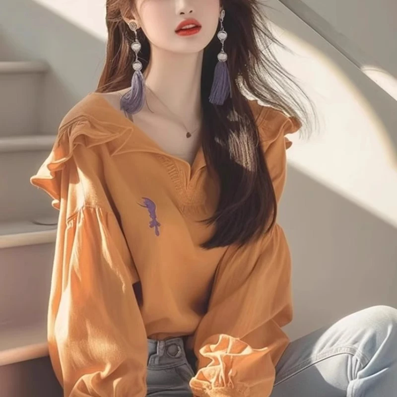 超好看黄色荷叶边长袖雪纺衫女2025年早春小众独特别致灯笼袖上衣