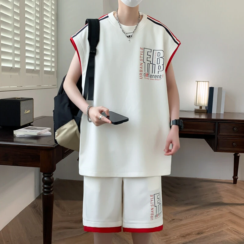 夏季新款青少年初高中学生男孩运动休闲薄款透气无袖短裤潮流套装