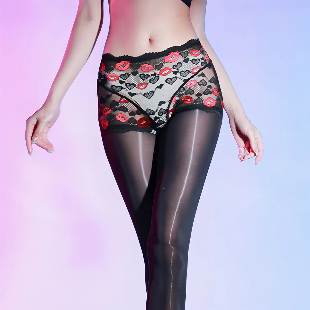 性感丝袜内裤一体式马油袜法式唇印蕾丝油亮裤袜黑色连身袜黑丝女