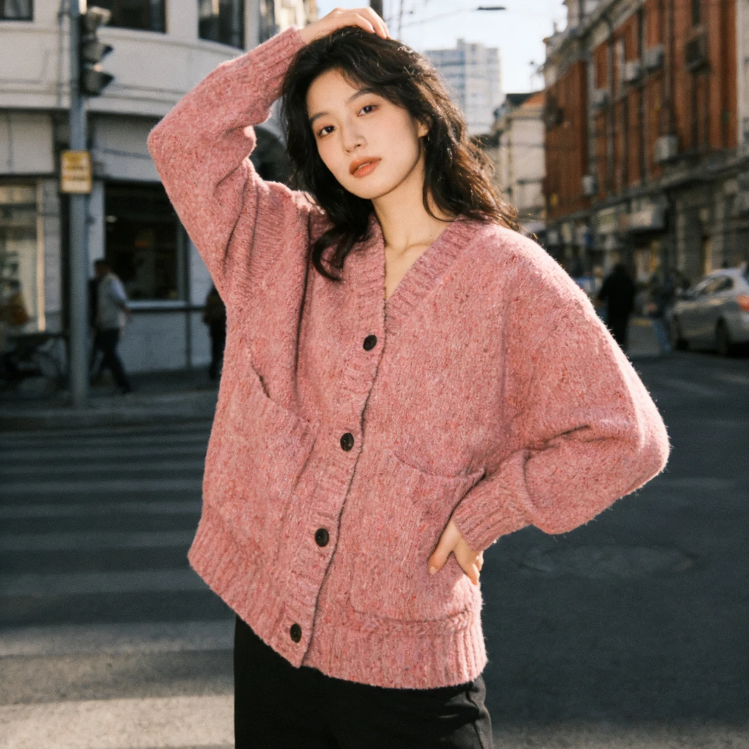 羊毛颗粒纱百搭时髦针织开衫外套女7649