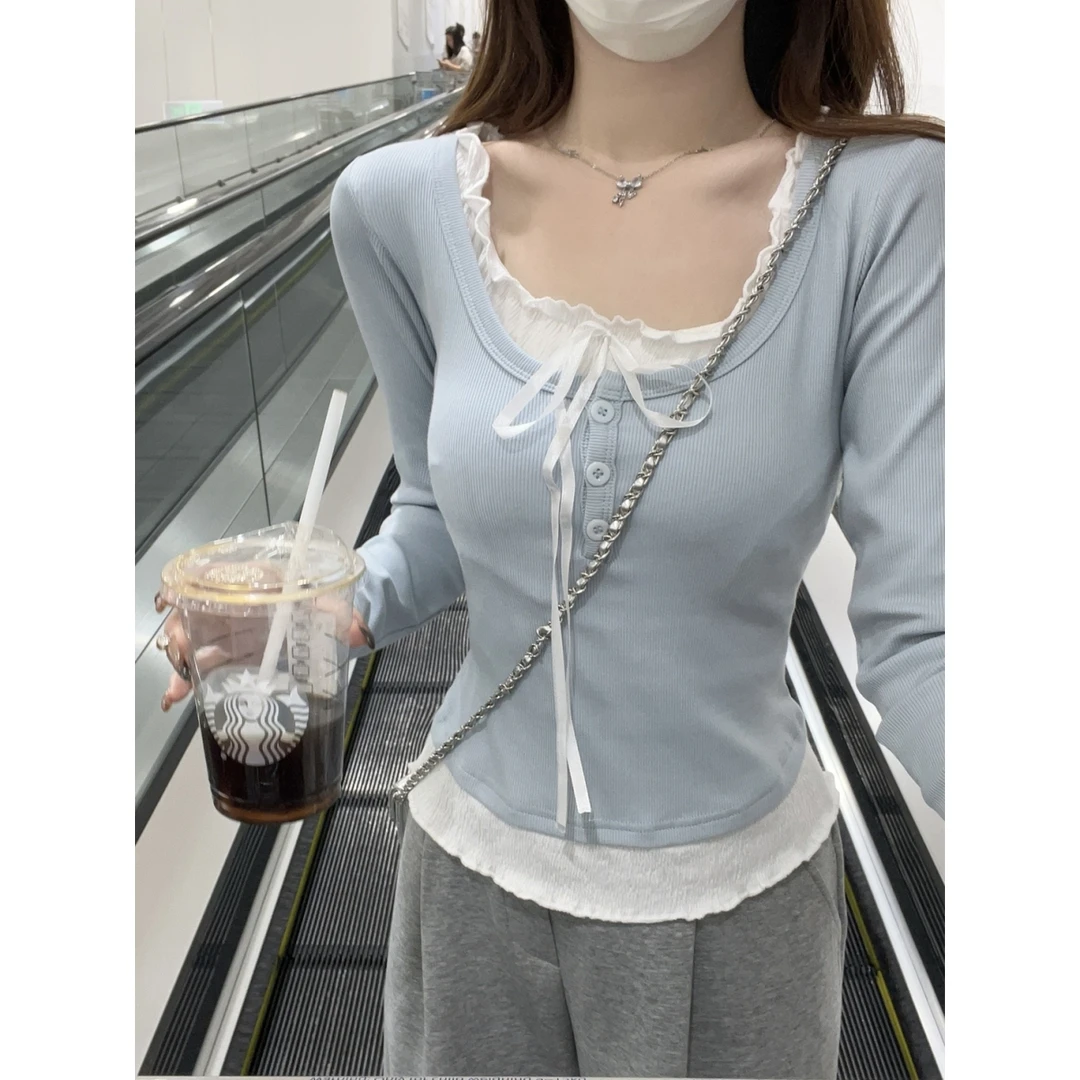 设计感假两件长袖打底衫女2025春季撞色减龄内搭T恤纯欲短款上衣