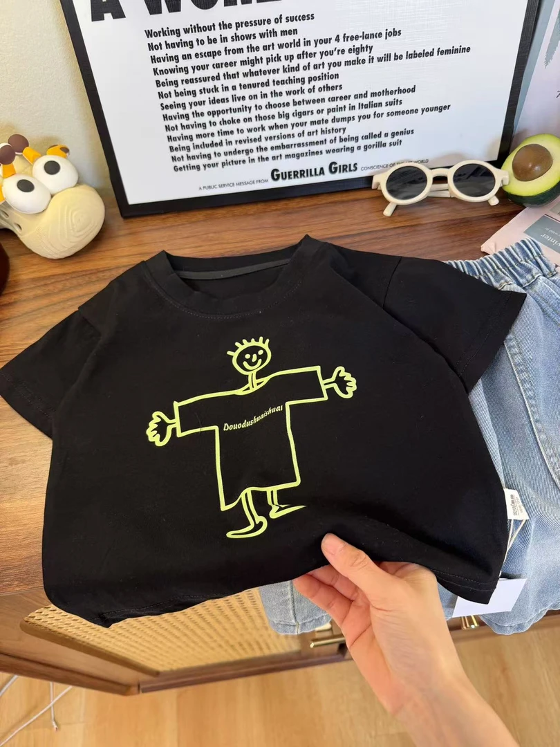 YM【JMJQ 2119】夏季中小童韩版亲肤色织条纹清爽机器人圆领短袖