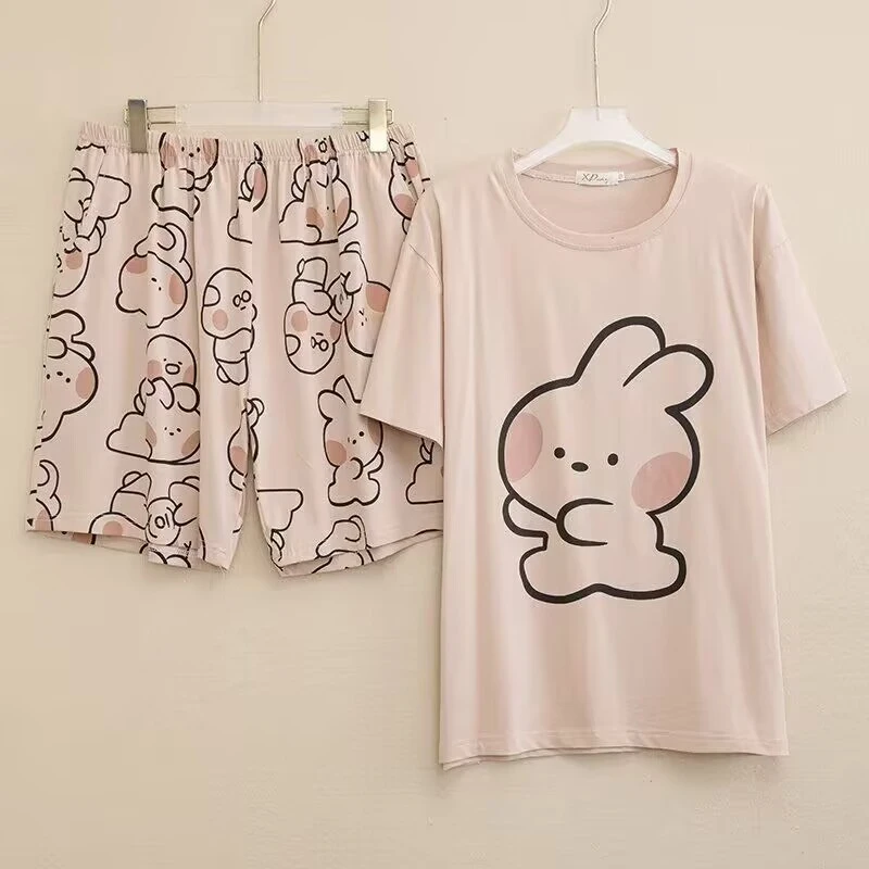 小胖【针织棉】春夏季大码卡通睡衣薄款短袖短裤情侣套韩版时尚纯棉