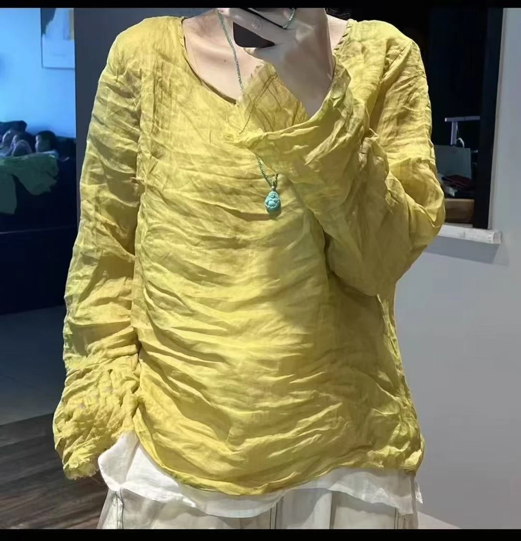 夏季纯色苎麻宽松圆领长袖衬衫舒适百搭适合80-165斤