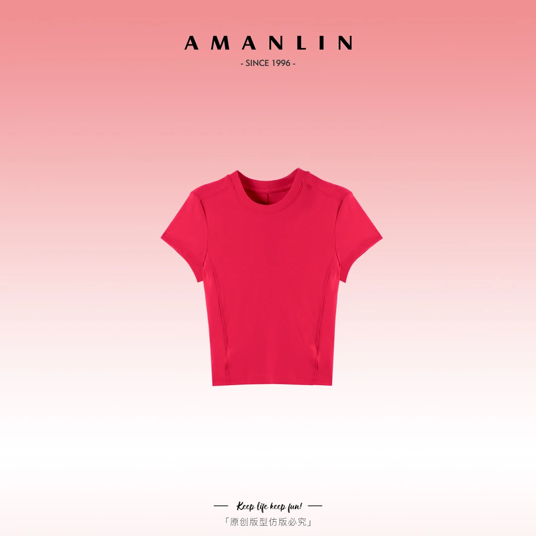 AMANLIN/阿谩琳欧若风百搭气质圆领纯色显瘦短款短袖上衣D595899
