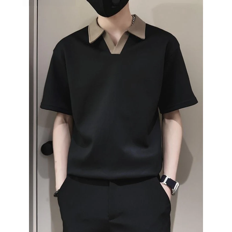 短袖男夏季潮牌痞帅撞色V领T恤宽松新款男士男生夏装半袖Polo衫